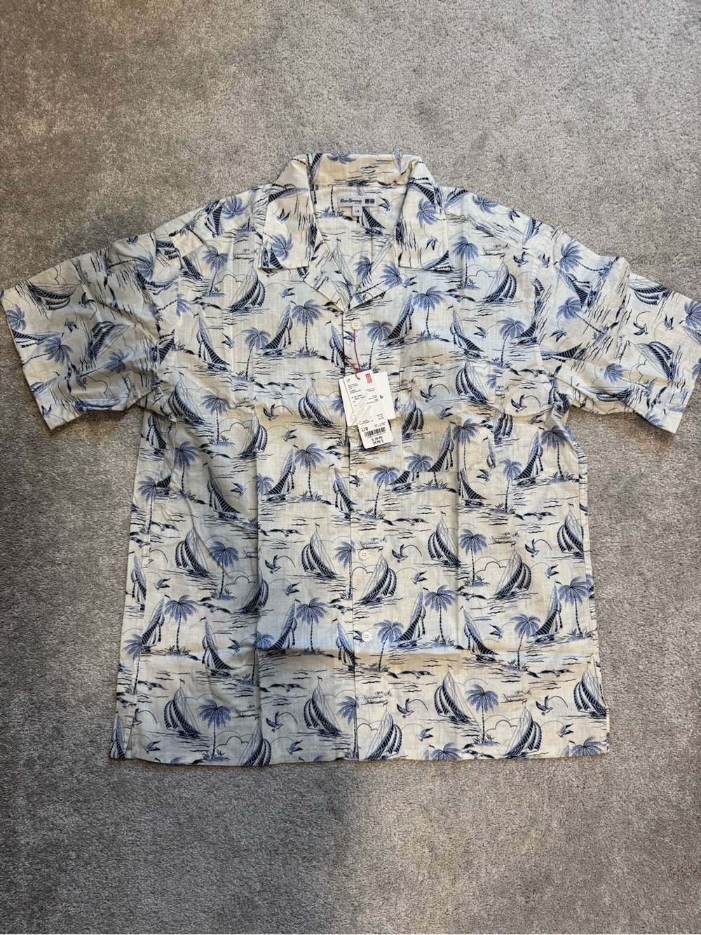 reyn spooner Cream and Blue Tropical Print Men's Button-Down Shirt